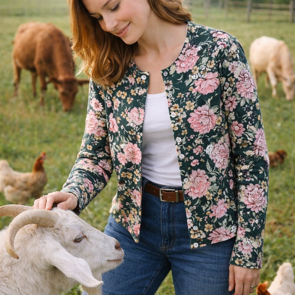 French Creek Sheep & Wool Shirt Jacket  Green Pink Floral‎ Lightweight Vtg 80's